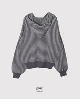 ミューズボーダーパターンルーズニット2WAYフードジップアップ (2color)