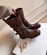 Vintage-Style Genuine Lambskin Mid-Calf Biker Boots with Belt Detail