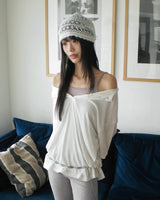 Karine linen oversized-fit henry neck off-shoulder short-sleeved T-shirt