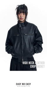 High Neck Leather Crop Jacket - Black