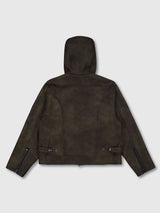 Curved Hood Leather Jacket (Khaki Black)