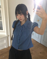 チェック柄シャーリングバンディングパフ半袖ブラウス
