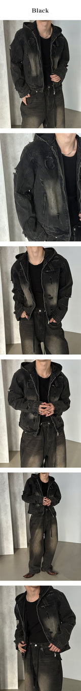 [Unisex] デストロイドデニムフードジャケット(2color)