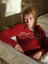 rirri 100% Merino Wool Jacquard Cropped Zipper Cardigan in Brightening Scarlet