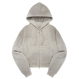 VINTAGE WASHING STUD POINT CROP HOODIE ZIP UP - OAT MEAL