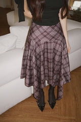 Unbalanced High Midi Checkered Skirt