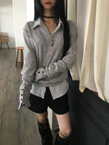 may sleeve button v-neck knit