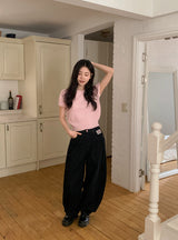 Rose Pink Lettering Embroidery Balloon Denim Pants