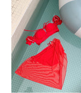 Rose Tide Off-Shoulder Chiffon Cover-Up 3pcs Bikini SET