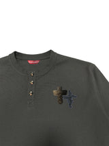 フロックデニムパッチ刺繍ワッフルニットヘンリーカラーカーディガン