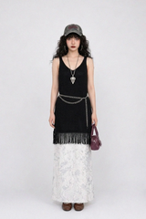 FRINGE-HEM KNIT V-NECK DRESS IN BLACK