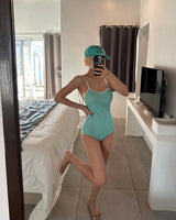 Mint-Color-Blocked Ribbon-Strap Monokini