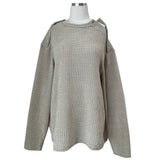 [UNISEX] オーバーフィット ベロア オフショルダー ダブルスナップボタン ロングスリーブ ニットT(4 colors)