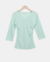 Nilon V-Neck Side-Shirring 7-Sleeve T-Shirt
