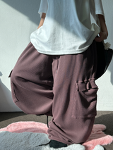 KOREAN 🧇 WAFFLE PUNCHING 🧇 LOOSE HIP CARGO BALLOON WIDE LONG PANTS 🩵🍓🩶 - 3 COLORS