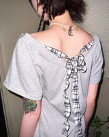 (2color) Check Back Ribbon Off-Shoulder Short Sleeve Tee