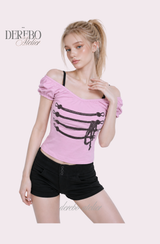Rope Mint Shirring Off-Shoulder Short Sleeve T-Shirt