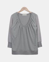 ミナミ ストライプド Uネック 9分袖 Tシャツ