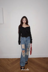 Black Off-Shoulder Cover Long Sleeve T-Shirt
