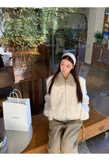 cream soft fur zip-up collar jacket