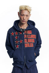 Star Lettering Patch Hoodie Zip-Up - Navy
