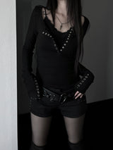 ロックシック黒ボタン長袖Tシャツ
