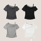 Button Point 💫Straight Layered Off-Shoulder Short-Sleeved T-Shirt (4 colors)