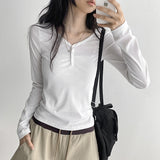 ストレッチー リジュ スナップ ヘンリーネック リブ ロングスリーブ ティーシャツ (4 colors)