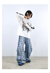 RELABEL (Gemeng) Flower Bud Balloon Check Print Draped Loose-Fit Crinkled Gradient Washed Denim Trousers
