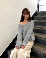 レヌパンチングラウンドネックルーズフィットロングスリーブロングニット