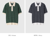 [Unisex] アースバックルストリッピードカラーレッドショートスリーブニット/ 3 カラーズ