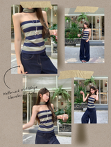 ホルターネックホットストライプスリーブレスTシャツ