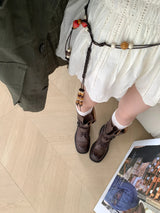 Vintage-Style Genuine Lambskin Mid-Calf Biker Boots with Belt Detail