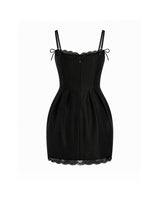 Fleurine Lace Ribbon Tulip Mini Dress Black