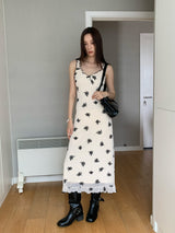 Beige Black Flower Long Dress