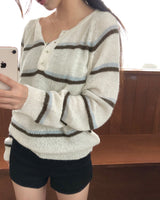 Trsen ストライプボタンヘンリーネック長袖ニット