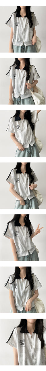 Med Two-Way Line Coloring Short Sleeve Collar Zip-Up