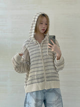 (UNISEX) メッシュストライプクロップドジップアップニット