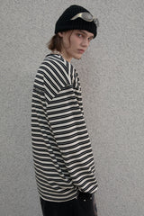 ストライプヘンリーネックTシャツ - Black