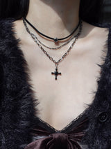 black love necklace | 블랙 십자가 하트 레이어드 목걸이