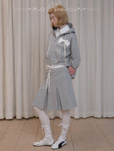 rirri Charcoal Heavyweight 100% Cotton Bow-Detailed Hoodie Set (Zippered Hooded Sweatshirt + Pleated Skirt)