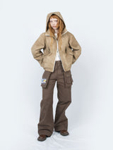 Curved Hood Leather Jacket (Beige)
