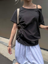 サイドボタンオフショルダー Tシャツ(4color)