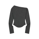 リブレオフショルダーアンバランス長袖Tシャツ (3Color)