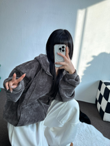 RIBBON PATTERN VELVET HOOD ZIP-UP💚💙🖤 - 3 COLORS