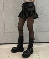 Ribbon string slit button stripe skirt
