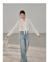 French ribbon tie V-neck blouse