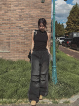 Moshu track line string denim pants