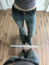 00sウエスタン ヴィンテージ ウォッシュド ブーツカット ストレッチ ロング デニム パンツ