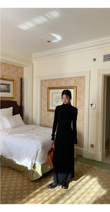 Half Turtleneck Black Flared Long Dress